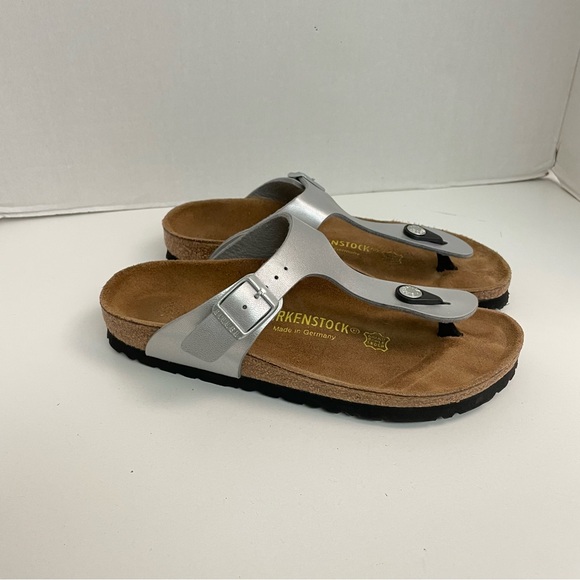 Birkenstock Shoes - Birkenstock Sandals Gizeh Birko-Flor Thong Buckle Patent Alloy Silver Metallic
